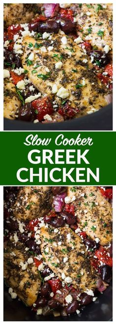 greek chicken with tomatoes, onions and feta cheese in a cast iron skillet