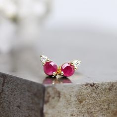 These two stone studs feature small red rubies accented by even smaller diamonds, both set in solid 14k yellow gold. This modern classic design is perfect for a little everyday luxury. This pair is ready to ship. Gemstones: 2 - 1.5mm full cut, I1 G-H round natural diamond 2 - 3mm commercial faceted natural rubies The studs have solid 14k yellow gold posts and butterfly backs. These earrings are ready to ship in 1-2 days. Prefer this style with a different primary stone? You can find a moonstone Luxury Ruby Birthstone Earrings, Red Diamond Gemstone Earrings, Red Diamond Earrings With Diamond Accents, Yellow Gold Ruby Earrings With Diamond Accents, Red Ruby Earrings With Diamond Accents, Red Ruby Jewelry With Diamond Accents, White Gold Ruby Three Stone Jewelry, Red Lab-created Ruby Jewelry With Diamond Accents, Red Diamond Jewelry With Rose Cut Diamonds