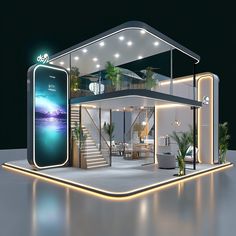 an exhibition stand with a lit up phone in it's display area at night