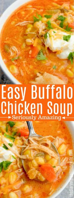 easy buffalo chicken soup in a white bowl with a spoon on the side and text overlay that reads easy buffalo chicken soup seriously amazing