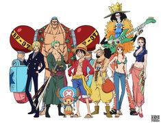 one piece characters are standing in front of each other with their arms around each other