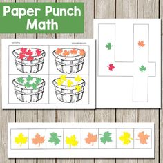 the printable paper punch math game is shown with autumn leaves and buckets on it