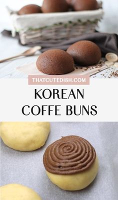 korean coffee buns with chocolate frosting on top and in the background, there are three