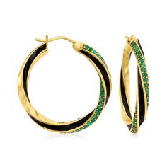 Ross-Simons - 3.00ct t. w. Emerald, Black Enamel Hoop Earrings Over Sterling. 1 1/2". Rich green emeralds and bold black enamel are a chic duo in this classic pair of hoop earrings. Twisted hoops of 18kt yellow gold over sterling silver are trailed with 3.00 ct. t. w. round emeralds and glossy black enamel stripes. Hanging length is 1 1/2". Snap-bar, black enamel and emerald hoop earrings. Emerald birthstones are the perfect gift for May birthdays.