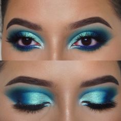 Peacock Eye Makeup Tutorial, Peacock Makeup Ideas, Teal Makeup Looks, Aqua Makeup Look, Teal Eyeshadow Looks, Bright Colorful Eye Makeup, Peacock Eyeshadow, Turquoise Eye Makeup, Peacock Eye Makeup