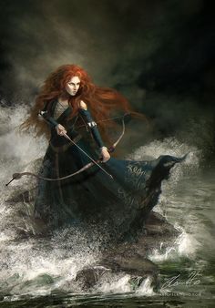 a woman with long red hair riding on top of a boat in the middle of water