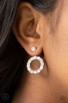 Diamond Halo - White Peek A Boo Earrings - Paparazzi Paparazzi Jewelry Images, Emerald Style, Halo Diamond Earrings, Earring Jackets, Halo Earrings, Chic Jewelry, White Rhinestone, Silver Rhinestone, White Earrings