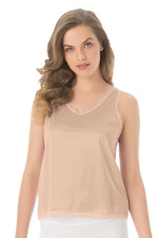 This lace-trimmed camisole is perfect to wear to bed or under your favorite knit tops for a smooth silhouette. An A-line shape gives you ample room to move about and never clings or binds, and a V-neck trimmed in lace is open, cool and breathable. Lace trim at the hem adds a pretty accent. 24" lengthNylon, importedMachine washable | Plus Size Women's Lace-Trim Camisole by Comfort Choice in Nude (Size 26/28) Plus Size Camisoles, Swedish Fashion, Womens Camisoles, Ashley Graham, Lace Camisole, Plus Size Swimsuits, Swimsuits For All, Knit Tops, Plus Size Lingerie