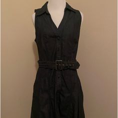 Dark Denim Green Dress Buttons All The Way Down The Front With A Nice Matching Belt 36 Inches Long. Never Worn. Chic Belted Sleeveless Denim Dress, Casual Sleeveless Belted Denim Dress, Chic Sleeveless Belted Denim Dress, Dress Buttons, Jean Dress, American Rag, Button Dress, Way Down, Dark Denim