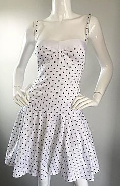 Enrico Coveri 1980s Vintage White & Black Polka Dot Cotton Fit & Flare Dress Fitted Polka Dot Dress For Daywear, Summer Polka Dot Dresses With Fitted Bodice, White Fitted 1950s Style Dress, White Fitted Dress In 1950s Style, Fitted White Dress In 1950s Style, 80s Dresses Casual, Dolly Fashion, Black Polka Dot Dress, Dot Print Dress