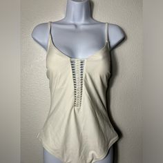 Brand New With Tags Questions? Comment Below Summer Beach Lined Bodysuit, White V-neck Swimwear For Day Out, Spring Beachwear Bodysuit With Cutout, White V-neck Bodysuit For Vacation, Cream Sleeveless Swimwear For Beach, Cream Sleeveless Swimwear For Summer, Vacation Bodysuit With Cutout And Backless Design, Summer Sleeveless Cutout Bodysuit, Fitted Triangle Top Swimwear For Day Out