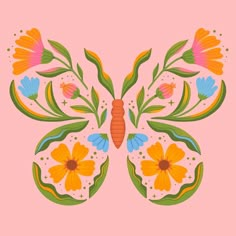 a colorful butterfly with flowers and leaves on it's wings, painted in bright colors