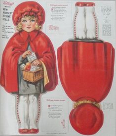 an old fashion magazine with a woman in red and white clothing holding a basket full of items