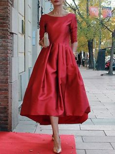 Elegant Satin Crew Neck Half Sleeve Plain Dress Fall Evening Dresses Elegant, Autumn Evening Dress, A Line Cocktail Dress Evening Party, Elegant Dresses For Short Women, Chic A-line Midi Dress For Wedding Guest, Satin A-line Formal Gown, Long Sleeve Dresses For Wedding Guests In Prom Season, Chic Midi Dress For Banquets, Chic A-line Tea Length Formal Dress