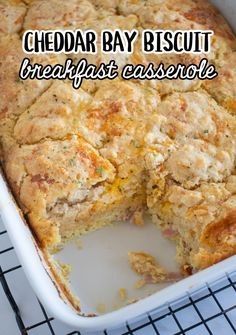 cheddar bay biscuit breakfast casserole is cut in half