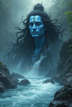 the face of avatar is shown in front of a river with rocks and trees around it