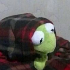 a green stuffed animal laying on top of a red and black checkered bed spread