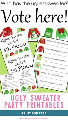 These ugly Christmas sweater party printables will be the hit of the night! Everything from invitations to ballots and awards that you can print for free! #sweaterparty #christmasparty #uglysweater #holidayparty #freeprintables #printables #free #inviations #party #partyprintables #christmassweater #holidaysweater #uglysweaterparty Ugly Sweater Invitations, Ugly Sweater Contest, Country Chic Cottage, Christmas Sweater Party, Ugly Christmas Sweater Party, Printables Free, Ugly Sweater Party, Chic Cottage, Christmas Svg Files