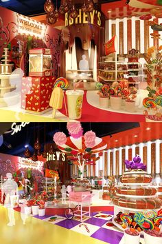 there are two pictures of the inside of a candy shop