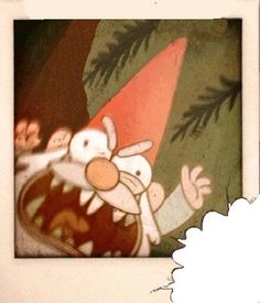 an image of a cartoon character with big teeth and mouth wide open in front of a pine tree