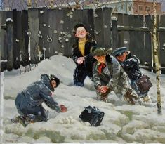 children playing in the snow near a fence