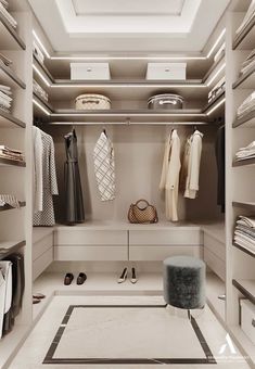 a walk in closet filled with lots of clothes and shoes on shelves next to a rug