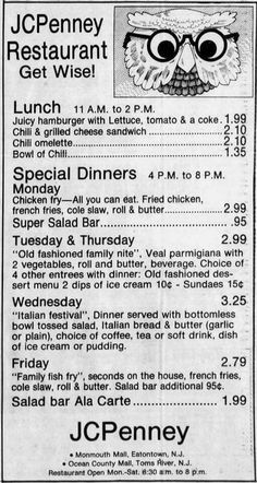 JCPenney Restaurant- Central Jersey locations ad and menu - 1981 : VintageMenus Juicy Hamburgers, Restaurant Ad, Vintage Menu, Tv Dinner, Vintage Restaurant, Old Advertisements, Fashion Family, Food Ads, Retro Advertising