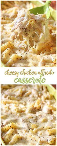 cheesy chicken alfredo casserole is shown in two separate images with the title above it