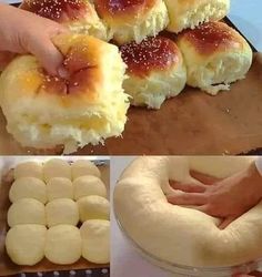 there are pictures of rolls being made in the kitchen and then put together to make them