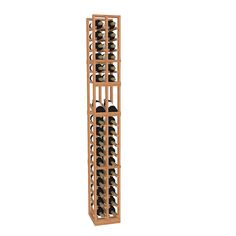 a tall wooden wine rack with many bottles on it's sides and the bottom section is empty