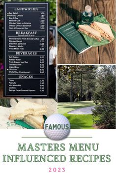 a menu for a golf tournament with pictures of the course and other things to eat