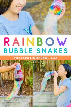 Bubble Fun For Kids, Bubble Stem Activities, Bubble Ideas For Kids, Bubble Experiments For Preschool, Rainbow Fun Activities, Bubble Snake Maker Water Bottles, Rainbow Activities For School Age, Bubble Science Experiment For Kids, Rainbow Outdoor Activities