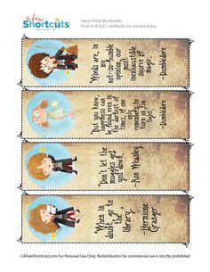 three harry potter bookmarks with the names of each character and their name on them