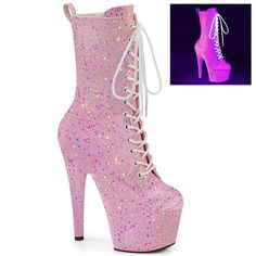 7" (178mm) Heel 2 3/4" (70mm) Platform Lace-Up Front Ankle Boot Iridescent Glitter Upper And Fully Wrapped Platform Bottom Inner Side Zip Closure Step Into The Spotlight With The Adore-1040-Ig Ankle Boots. Featuring A Dazzling Iridescent Glitter Upper And A Fully Wrapped Platform Bottom, These Boots Are Designed To Turn Heads. The Striking 7" Heel And 2 3/4" Platform Give You The Height You Crave, While The Lace-Up Front And Inner Side Zip Closure Add Both Style And Functionality. In A Charming Pink Clothes, Pleaser Shoes, Taylor Swift Style, Pink Outfits, Pink Glitter, Shoes Heels Boots, Lace Up Boots, Baby Pink, Side Zip