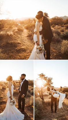 the bride and groom are posing for pictures in the desert at sunset, while the sun shines down on them