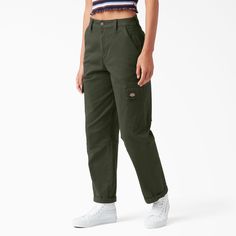 Dickies Women's Cropped Cargo Pants deliver all the utility of a traditional cargo pant paired with perfectly feminine styling. Sturdy with a bit of stretch, nothing is going to stop you from showing up for every adventure. Cropped Dickies Outfit, Dickies Green Pants, Womens Dickies Pants, Dickies Cargo Pants Outfits Women, Dickies Cargo Pants Outfit, Green Dickies Pants Outfit, Dickies Pants Women, Dickies Aesthetic, Womens Utility Pants