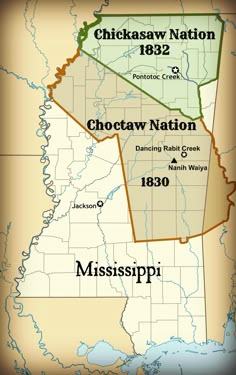 a map of the state of mississippi showing chickasa nation and choctaw nation