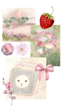 a collage of flowers and pictures with a strawberry on top