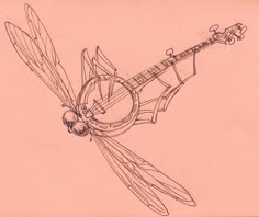 a drawing of a dragonfly on top of a guitar