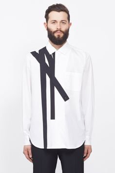 Yohji Yamamoto Linear Applique Shirt (White/black) Men Fashion 2020, Mens Fashion Wear, Mens Designer Shirts, African Clothing For Men, Applique Shirts, Mens Trends, Men Fashion Casual Outfits