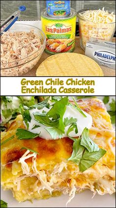 green chile chicken enchilada casserole with shredded cheese and sour cream