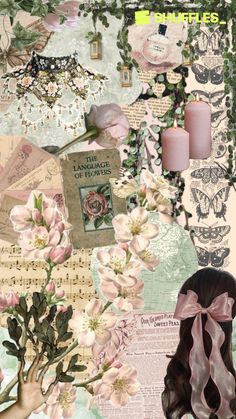 a collage with pink flowers, candles and other things in the middle of it