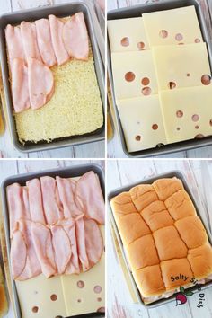 four pictures showing how to make ham and cheese sandwiches with bread slices cut into squares