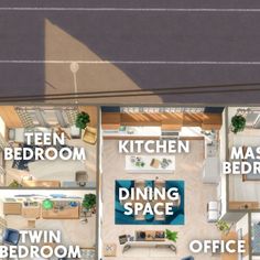 an overhead view of a living room, dining room and bedroom in one floor plan