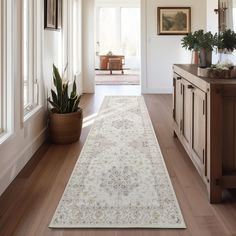 a large rug is on the floor in front of a doorway with potted plants