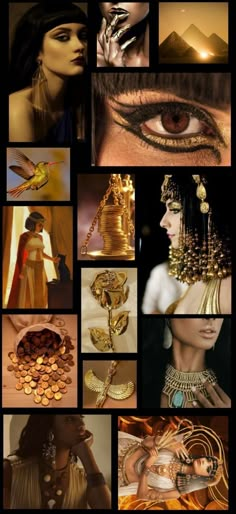 the collage shows many different pictures with gold and silver jewelry on them, including an egyptian woman's face