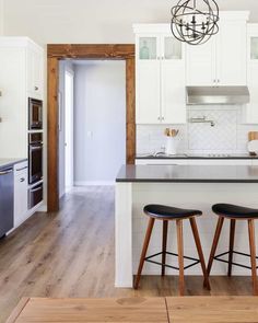 two stools are in front of the kitchen island