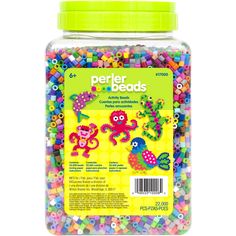 a jar filled with lots of colorful beads