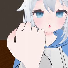 an anime character with white hair and blue eyes holding her hand up to her face