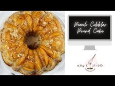 an apple cobbler pound cake on a plate next to a computer screen with the words peach cobbler pound cake